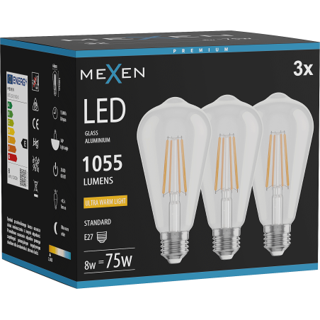 Mexen Vintis 3x LED filamentlampa E27, ST64, 8W, Varm - 2200K, 1055 lm, klar - L152-E27-0822-00x03