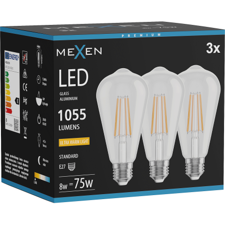 Mexen Vintis 3x LED-filamenttilamppu E27, ST64, 8W, Lämmin - 2200K, 1055 lm, kirkas - L152-E27-0822-00x03