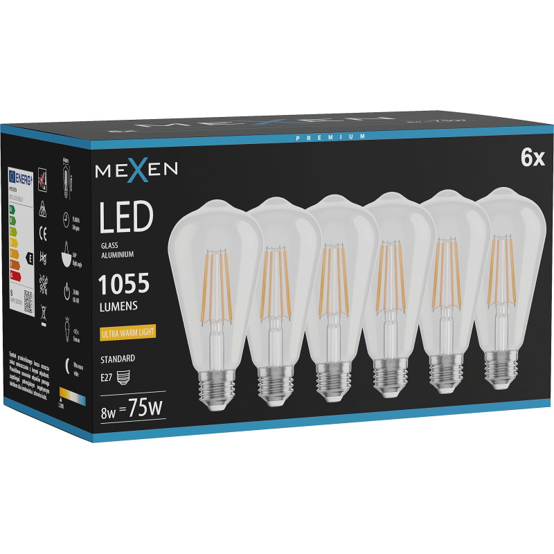 Mexen Vintis 6x gloeilamp filament LED E27, ST64, 8W, Warm - 2200K, 1055 lm, helder - L152-E27-0822-00x06