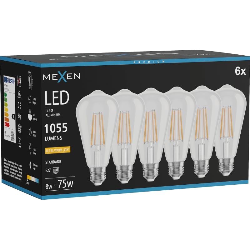 Mexen Vintis 6x LED-filamentlampa E27, ST64, 8W, Varm - 2200K, 1055 lm, klar - L152-E27-0822-00x06