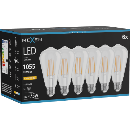 Mexen Vintis 6x LED-Filamentlampe E27, ST64, 8W, Warm - 2200K, 1055 lm, klar - L152-E27-0822-00x06