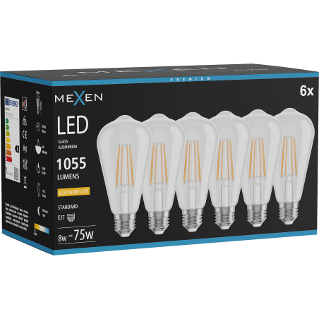 Mexen Vintis 6x LED pavedienu spuldze E27, ST64, 8W, Silta - 2200K, 1055 lm, caurspīdīga - L152-E27-0822-00x06