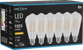 Mexen Vintis 6x LED hõõglamp E27, ST64, 8W, Soe - 2200K, 1055 lm, läbipaistev - L152-E27-0822-00x06