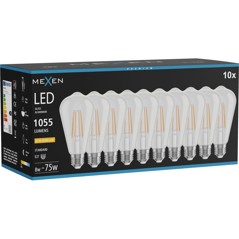 Mexen Vintis 10x Lampadina a filamento LED E27, ST64, 8W, Calda - 2200K, 1055 lm, trasparente - L152-E27-0822-00x10