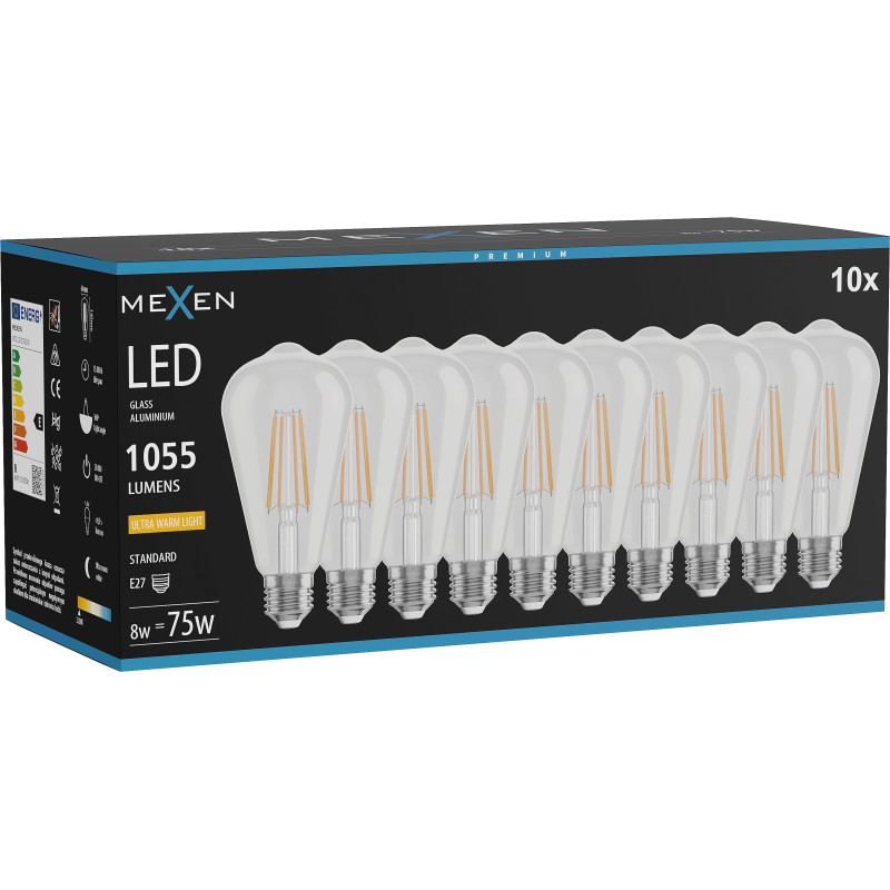 Mexen Vintis 10x LED filamentlamp E27, ST64, 8W, Warm - 2200K, 1055 lm, helder - L152-E27-0822-00x10