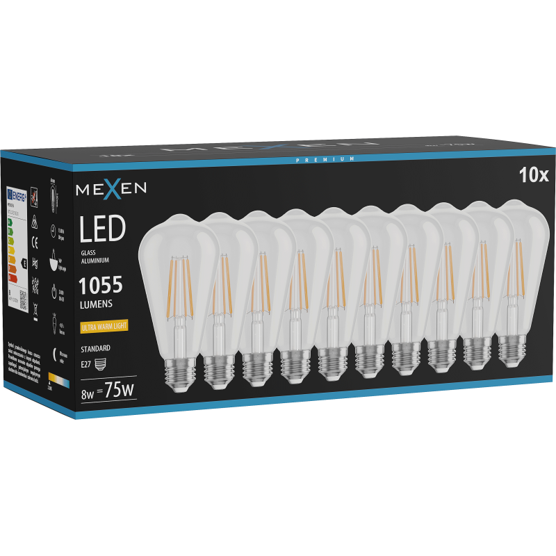 Mexen Vintis 10x LED kvēldiega spuldze E27, ST64, 8W, Silts - 2200K, 1055 lm, caurspīdīgs - L152-E27-0822-00x10