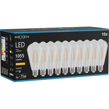 Mexen Vintis 10x Lampadina a filamento LED E27, ST64, 8W, Calda - 2200K, 1055 lm, trasparente - L152-E27-0822-00x10