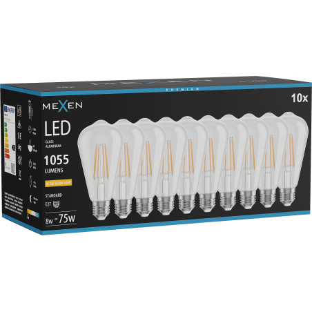 Mexen Vintis 10x LED kvēldiega spuldze E27, ST64, 8W, Silts - 2200K, 1055 lm, caurspīdīgs - L152-E27-0822-00x10