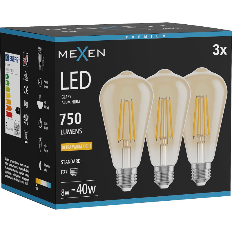 Mexen Vintis 3x LED filamentlamp E27, ST64, 8W, Warm - 2200K, 750 lm, amber - L152-E27-0822-50x03