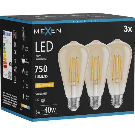 Mexen Vintis 3x żarówka filament LED E27, ST64, 8W, Ciepła - 2200K, 750 lm, amber - L152-E27-0822-50x03