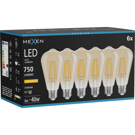 Mexen Vintis 6x Λάμπα νήματος LED E27, ST64, 8W, Θερμή - 2200K, 750 lm, κεχριμπαρένια
