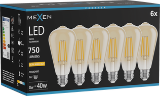 Mexen Vintis 6x LED-filamentlambipirn E27, ST64, 8W, Soe - 2200K, 750 lm, merevaik - L152-E27-0822-50x06