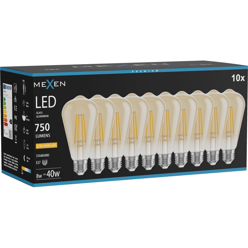 Mexen Vintis 10x LED E27 filamenttilamppu, ST64, 8W, Lämmin - 2200K, 750 lm, amber - L152-E27-0822-50x10