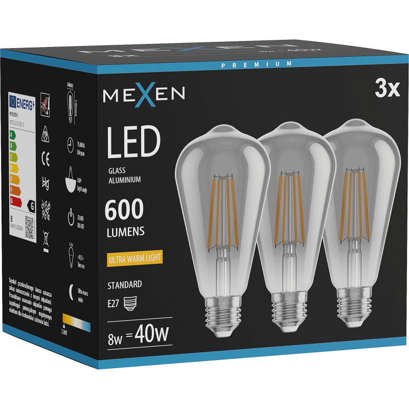 Mexen Vintis 3x Lampadina a filamento LED E27, ST64, 8W, Calda - 2200K, 600 lm, fumè - L152-E27-0822-70x03