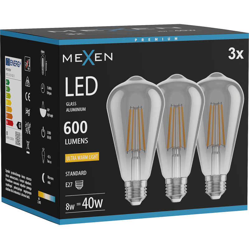 Mexen Vintis 3x żarówka filament LED E27, ST64, 8W, Ciepła - 2200K, 600 lm, smoke - L152-E27-0822-70x03
