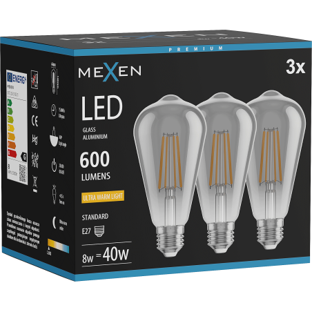 Mexen Vintis 3x Lampadina a filamento LED E27, ST64, 8W, Calda - 2200K, 600 lm, fumè - L152-E27-0822-70x03