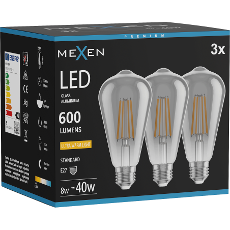 Mexen Vintis 3x żarówka filament LED E27, ST64, 8W, Ciepła - 2200K, 600 lm, smoke - L152-E27-0822-70x03