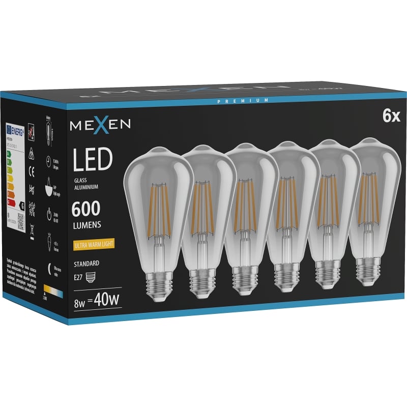 Mexen Vintis 6x LED filament lamp E27, ST64, 8W, Warm - 2200K, 600 lm, smoke - L152-E27-0822-70x06