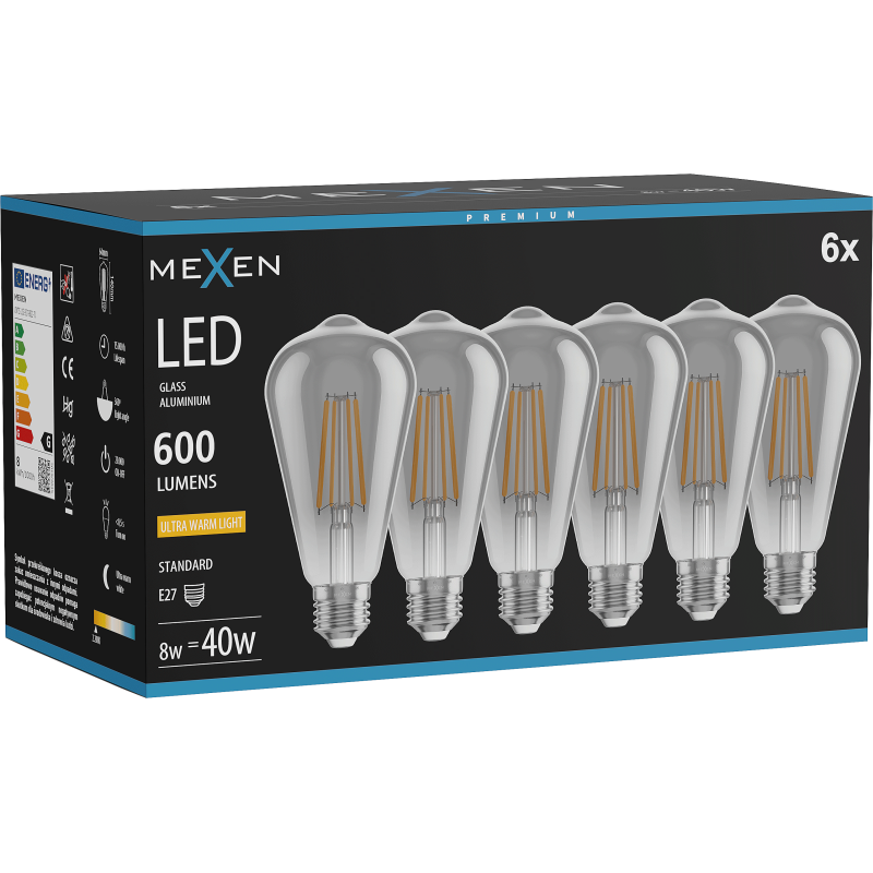 Mexen Vintis 6x LED filament žarnica E27, ST64, 8W, Topla - 2200K, 600 lm, dimljena - L152-E27-0822-70x06