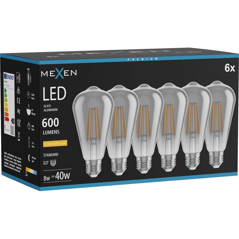 Mexen Vintis 6x żarówka filament LED E27, ST64, 8W, Ciepła - 2200K, 600 lm, smoke - L152-E27-0822-70x06