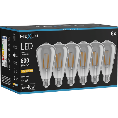 Mexen Vintis 6x Λάμπα filament LED E27, ST64, 8W, Ζεστό Χρώμα - 2200K, 600 lm, καπνιστό