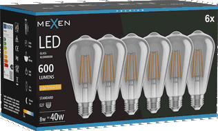 Mexen Vintis 6x żarówka filament LED E27, ST64, 8W, Ciepła - 2200K, 600 lm, smoke - L152-E27-0822-70x06