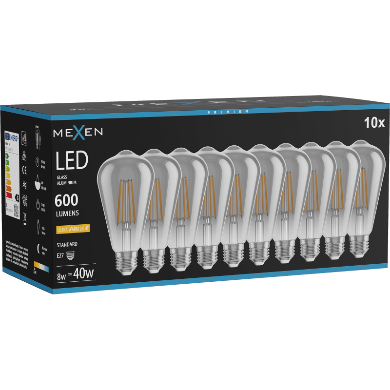 Mexen Vintis 10x Λάμπα LED filament E27, ST64, 8W, Θερμό - 2200K, 600 lm, smoke - L152-E27-0822-70x10