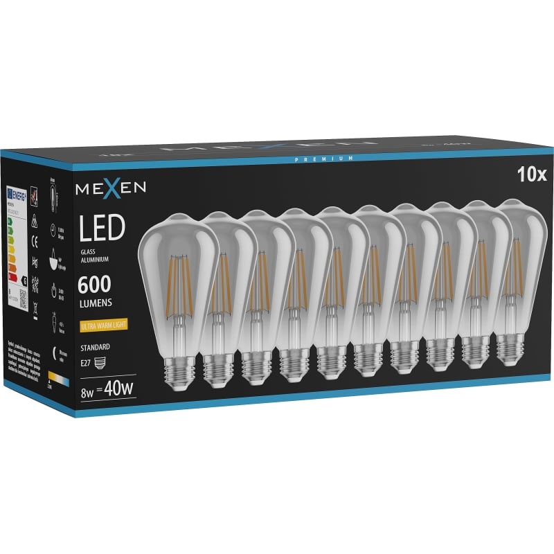Mexen Vintis 10x Lampadina a filamento LED E27, ST64, 8W, Calda - 2200K, 600 lm, smoke - L152-E27-0822-70x10