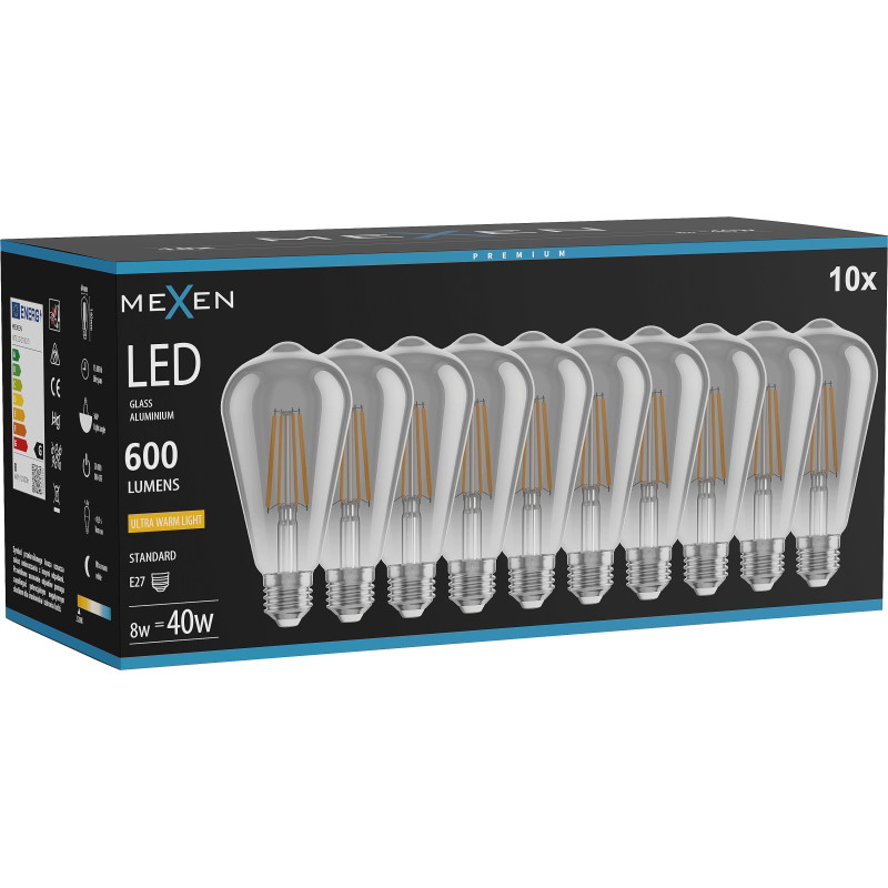 Mexen Vintis 10x LED-filamenttilamppu E27, ST64, 8W, Lämmin - 2200K, 600 lm, savunharmaa - L152-E27-0822-70x10