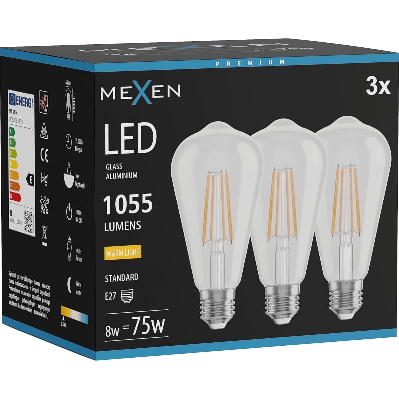 Mexen Vintis 3x LED-filamentlampa E27, ST64, 8W, Varm - 2700K, 1055 lm, klar - L152-E27-0827-00x03