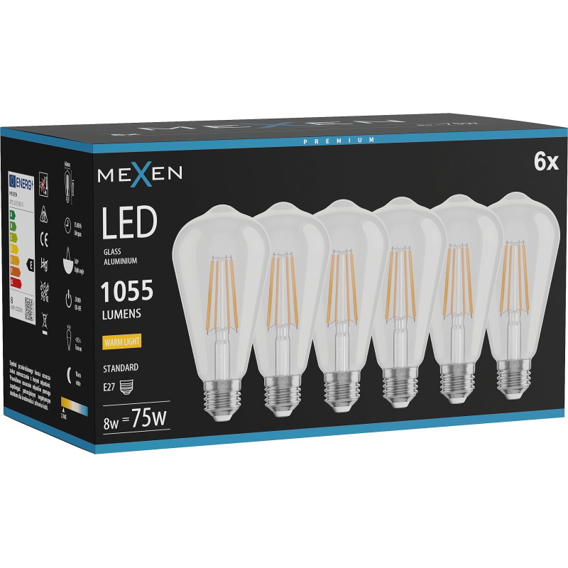 Mexen Vintis 6x Bombilla de filamento LED E27, ST64, 8W, Cálida - 2700K, 1055 lm, transparente - L152-E27-0827-00x06