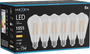 Mexen Vintis 6x LED-Filament-Glühbirne E27, ST64, 8W, Warm - 2700K, 1055 lm, klar - L152-E27-0827-00x06
