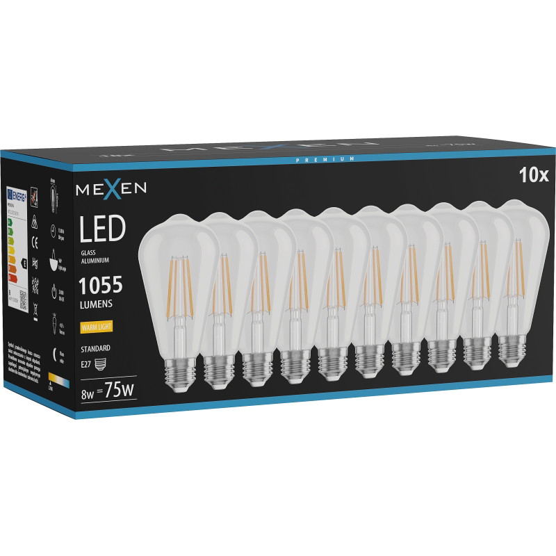 Mexen Vintis 10x LED filamentlamp E27, ST64, 8W, Warm - 2700K, 1055 lm, helder - L152-E27-0827-00x10