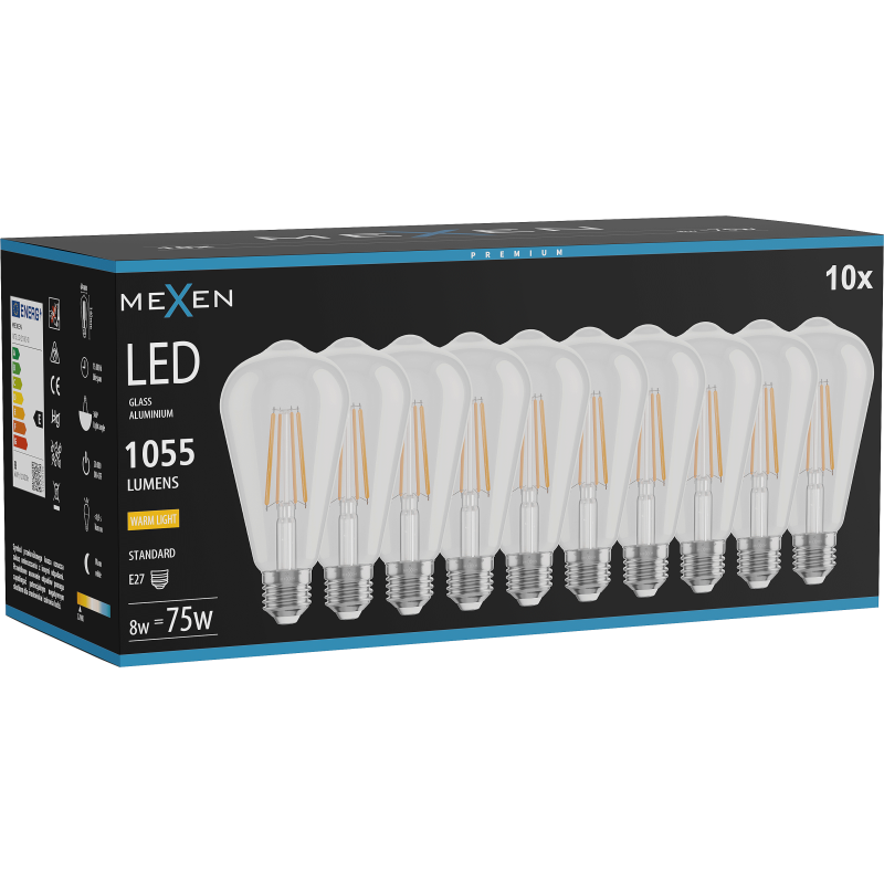 Mexen Vintis 10x LED spuldze, E27, ST64, 8W, Silta - 2700K, 1055 lm, dzidrs - L152-E27-0827-00x10