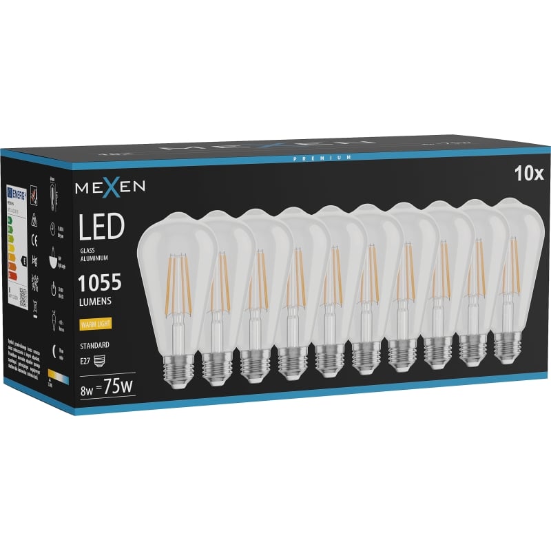Mexen Vintis 10x żarówka filament LED E27, ST64, 8W, Ciepła - 2700K, 1055 lm, clear - L152-E27-0827-00x10