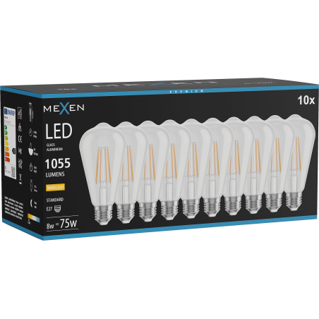 Mexen Vintis 10x LED-filamentlampa E27, ST64, 8W, Varm - 2700K, 1055 lm, klar - L152-E27-0827-00x10