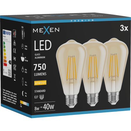 Mexen Vintis 3x LED filamentlampa E27, ST64, 8W, Varm - 2700K, 750 lm, bärnsten - L152-E27-0827-50x03
