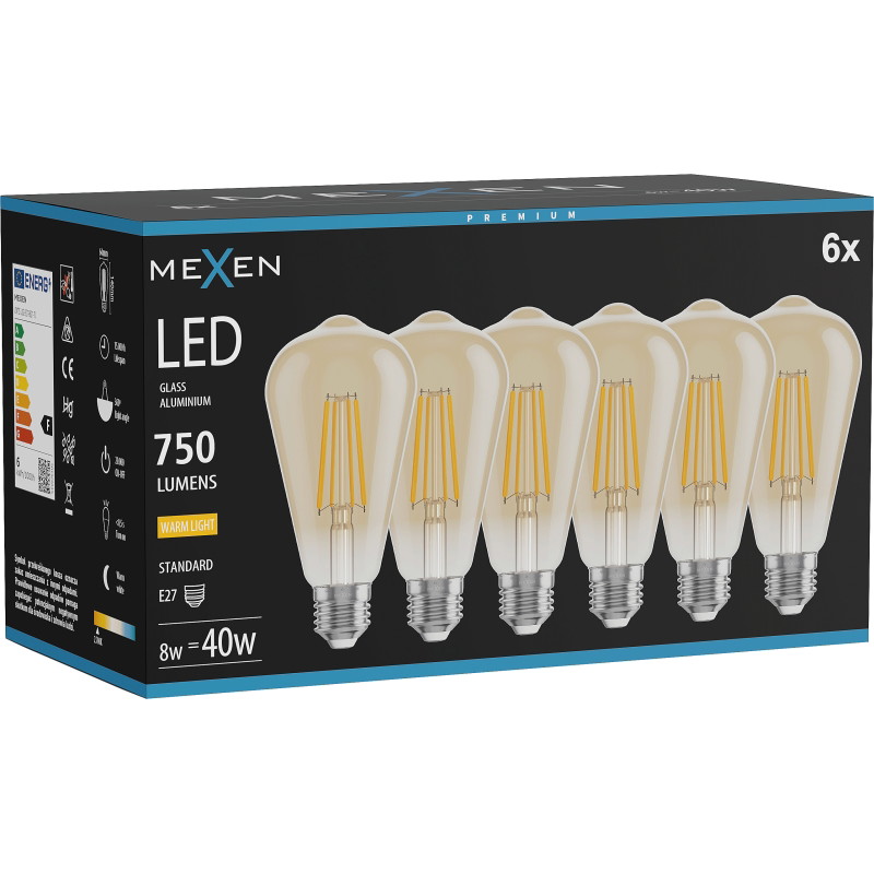 Mexen Vintis 6x LED glödlampa filament E27, ST64, 8W, Varm - 2700K, 750 lm, bärnsten - L152-E27-0827-50x06