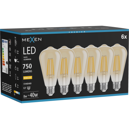 Mexen Vintis 6x LED filamenta spuldze E27, ST64, 8W, Silta - 2700K, 750 lm, dzintara - L152-E27-0827-50x06