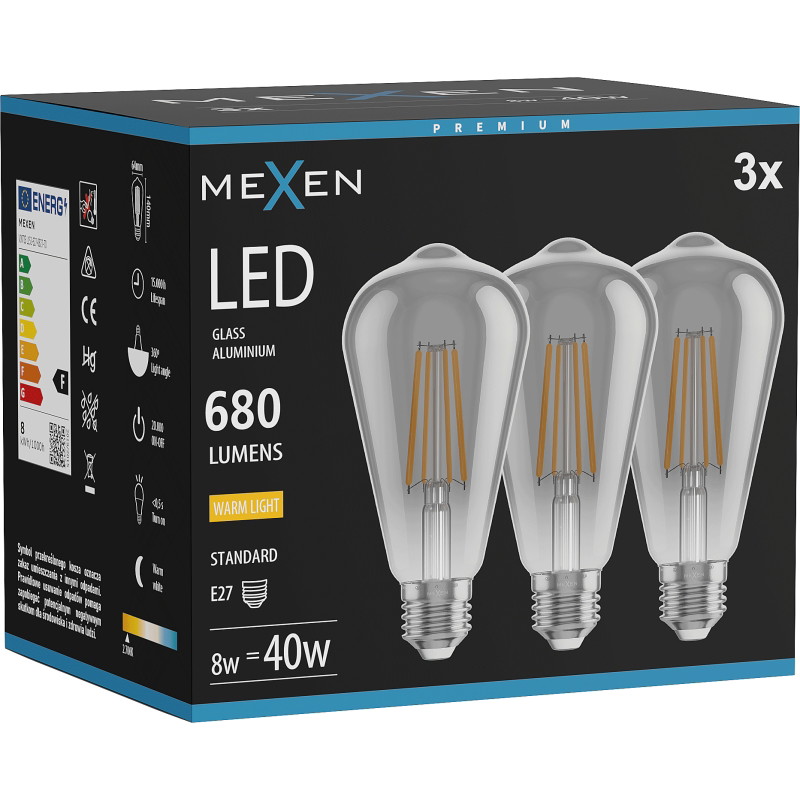 Mexen Vintis 3x filamentti LED E27 -lamppu, ST64, 8W, Lämmin - 2700K, 680 lm, savu - L152-E27-0827-70x03
