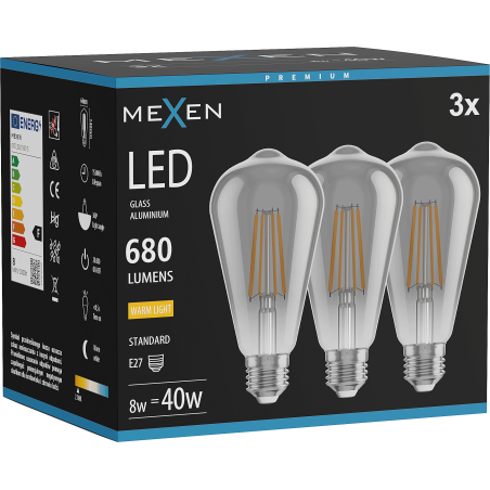 Mexen Vintis 3x LED Filament Glühbir E27, ST64, 8W, Waarm - 2700K, 680 lm, smoke - L152-E27-0827-70x03