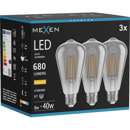 Mexen Vintis 3x LED filamentlamp E27, ST64, 8W, Warm - 2700K, 680 lm, smoke - L152-E27-0827-70x03