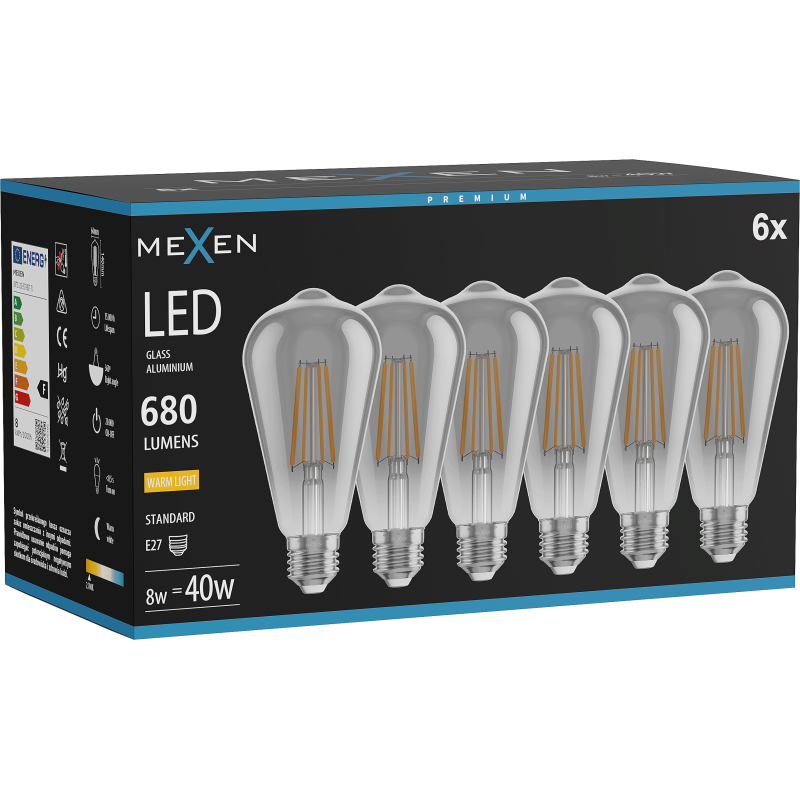 Mexen Vintis 6x Ampoule LED à filament E27, ST64, 8W, Chaude - 2700K, 680 lm, fumée - L152-E27-0827-70x06