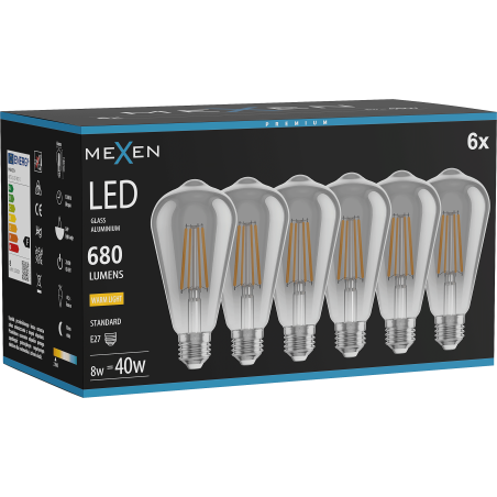 Mexen Vintis 6x Ampoule LED à filament E27, ST64, 8W, Chaude - 2700K, 680 lm, fumée - L152-E27-0827-70x06
