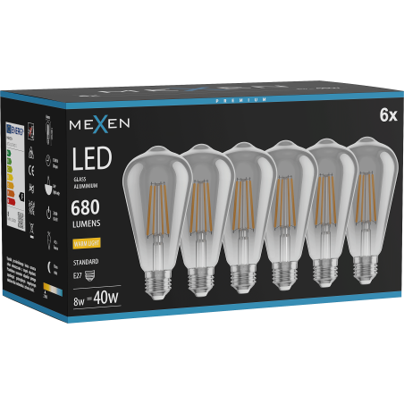 Mexen Vintis 6x LED filamentlampa E27, ST64, 8W, Varm - 2700K, 680 lm, rökfärgad - L152-E27-0827-70x06