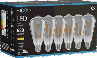 Mexen Vintis 6x żarówka filament LED E27, ST64, 8W, Ciepła - 2700K, 680 lm, smoke - L152-E27-0827-70x06