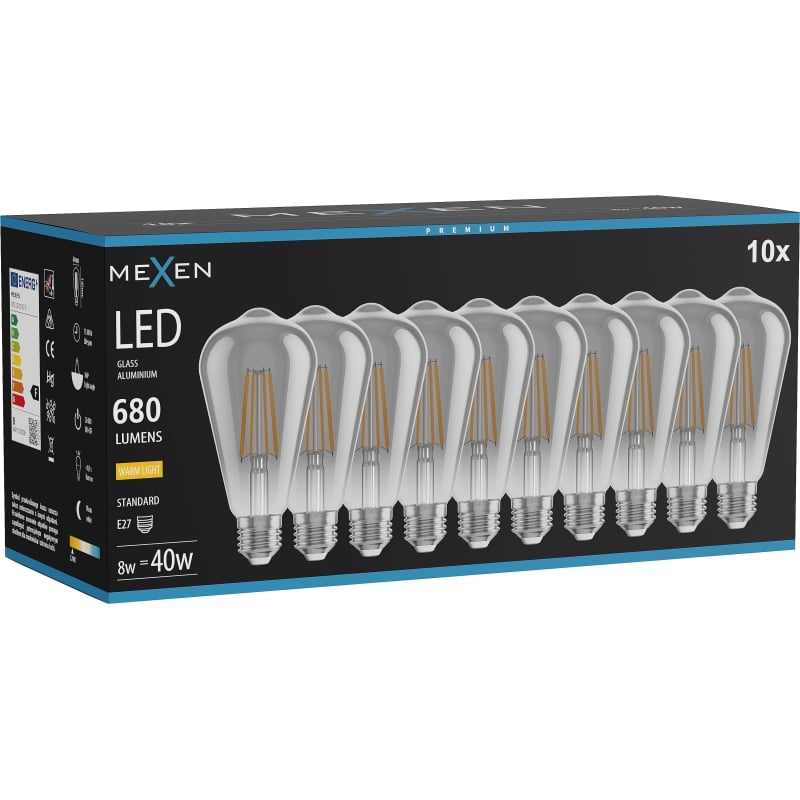 Mexen Vintis 10x Lampadina a filamento LED E27, ST64, 8W, Calda - 2700K, 680 lm, fumé - L152-E27-0827-70x10
