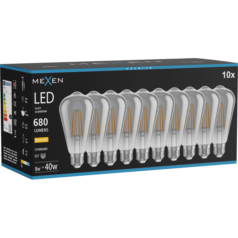 Mexen Vintis 10x Spuldze izlādes diode LED E27, ST64, 8W, Silta - 2700K, 680 lm, dūma - L152-E27-0827-70x10