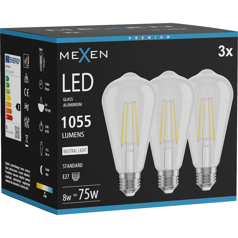 Mexen Vintis 3x Λάμπα νήματος LED E27, ST64, 8W, Ουδέτερη - 4000K, 1055 lm, διαφανής