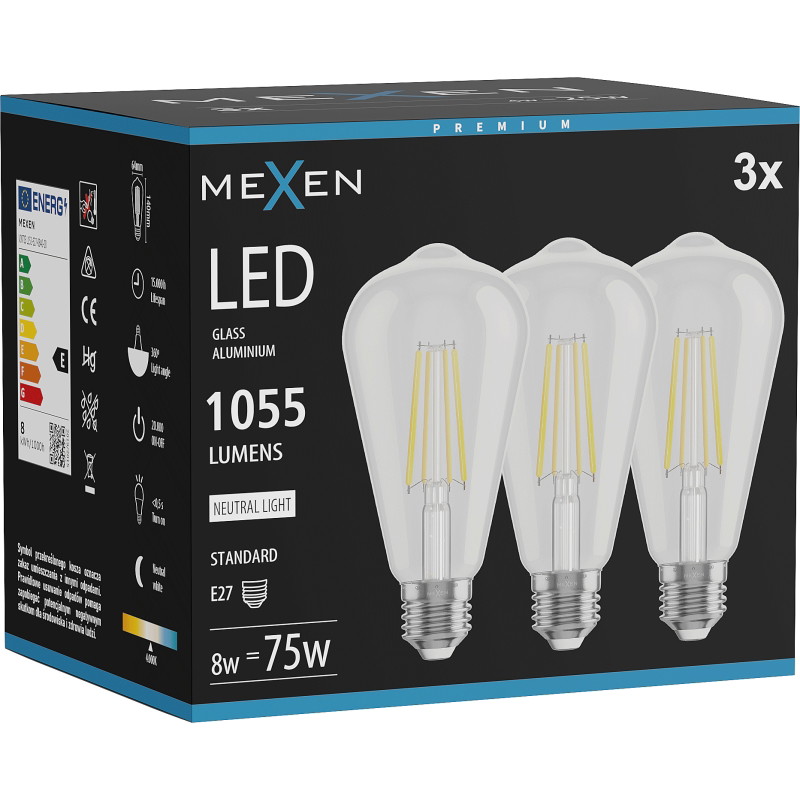 Mexen Vintis 3x Lampadina a filamento LED E27, ST64, 8W, Neutro - 4000K, 1055 lm, trasparente - L152-E27-0840-00x03